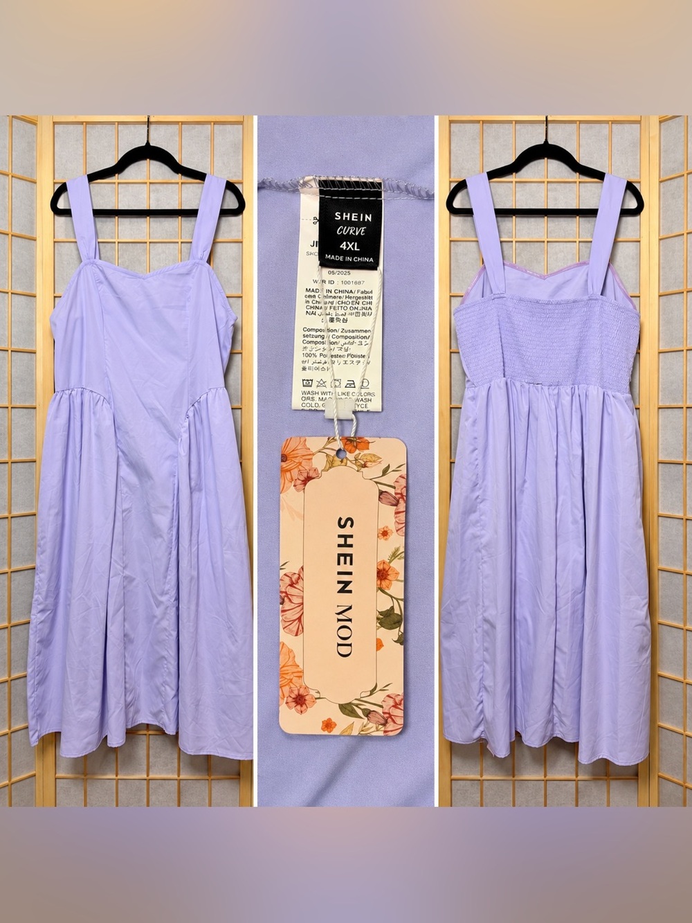 SHEIN 4XL Lavender Smocked Back A-Line Basque Waist Midi Dress
